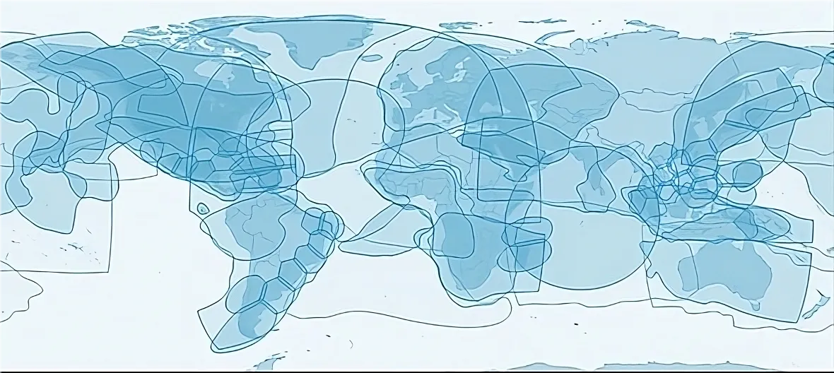This image depicts many polygons representing satellite coverage over a map of the world.